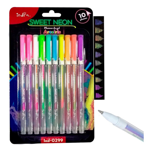 Set Plumas De Gel Indra 10 Colores Neon Punto Fino 1.0mm Color De La Tinta Varios Color Del Exterior Transparente