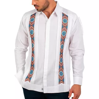 Guayabera De Lino Bordada En Punto De Cruz Mod Ixil