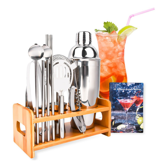 Juego Coctelera Set Utensilios Bar Inoxidable 13 Pzs + Base