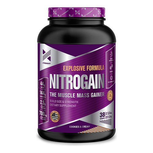 Suplemento en polvo Xtrenght  Nitrogain carbohidratos sabor cookies and cream en pote de 1.5kg