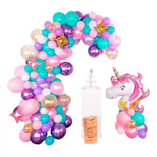 Kit Globos Rosado + Base 7 Globos + Mantel+ Globo Unicornio