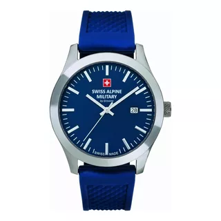 Reloj Swiss Alpine Military Combat Basic 7055.1835sam Malla Azul Bisel Plateado Fondo Azul