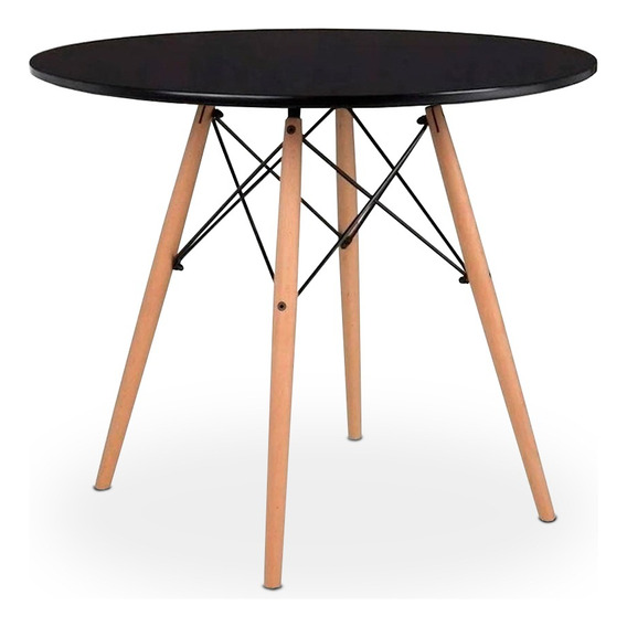 Mesa Eames De Comedor Tapa Redonda 100cm Patas De Madera Tapa Negro