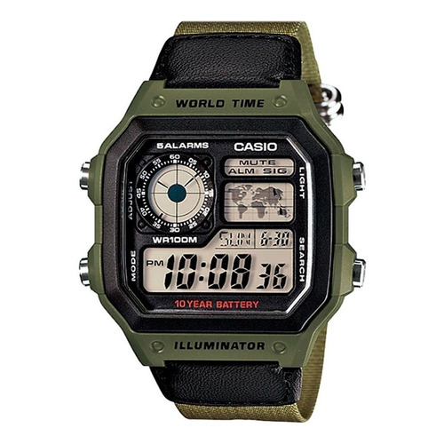 Reloj pulsera Casio Digital AE-1200 de cuerpo color verde, digital, fondo negro, con correa de tela color negro y verde, dial negro, subesferas color amarillo y negro, minutero/segundero negro, bisel color negro y hebilla simple