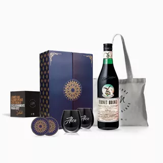 Estuche Box Fernet Branca 750ml + 2 Vasos Negros Grabados