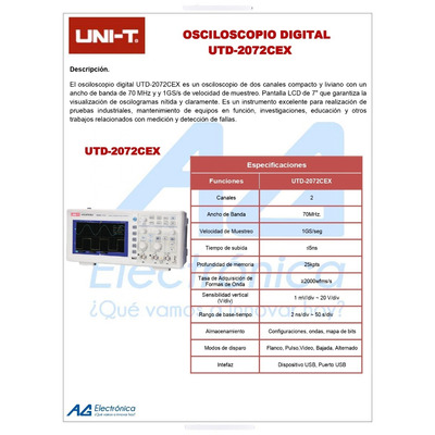 Osciloscopio 2 Ch 70 Mhz 1gs/s Color Modelo: Utd2072cex