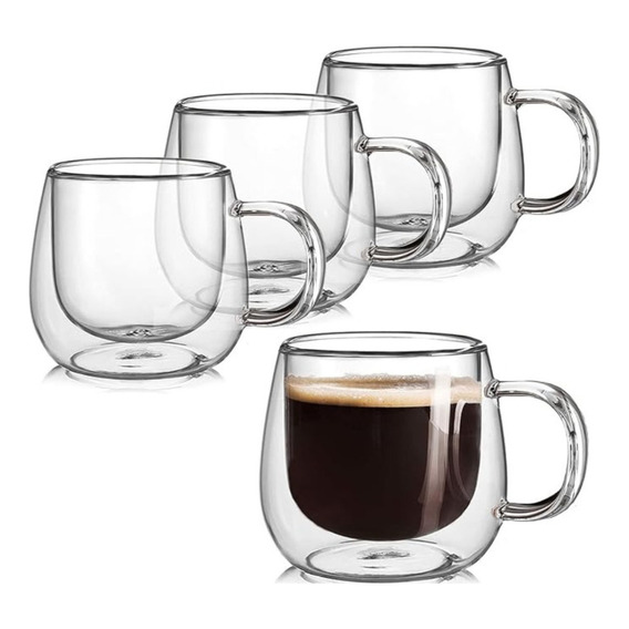 Pack X 4 Tazas De Vidrio Doble Pared Té Café Con Asas 250ml