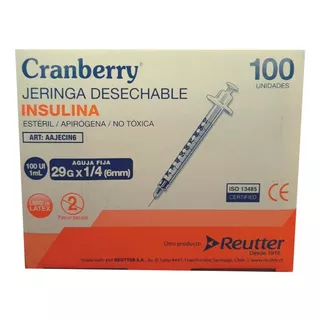 Jeringa Desechable Insulina 29g X 1/4 Cranberry 100 Unidades Capacidad En Volumen 1 Ml