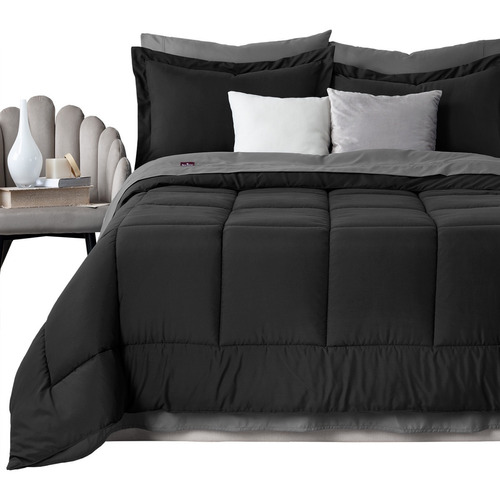 Set 7 Pzas. Edredón Queen Size +Fundas de almohada + Juego de Sabanas Real Textil Negro/Gris