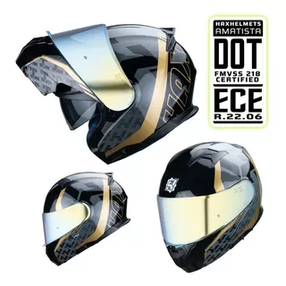 Hax Helmets. Casco Moto Abatible Dot + Ece 06. Amatista Wind Color Dorado Oscuro / Negro Tamaño Del Casco L - Grande