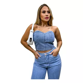 Cropped Jeans Feminino Top Tomara Que Caia Curto Corselet