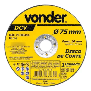 Disco De Corte 75x1,4x10mm Cortador Pneumatico 3pol Vonder