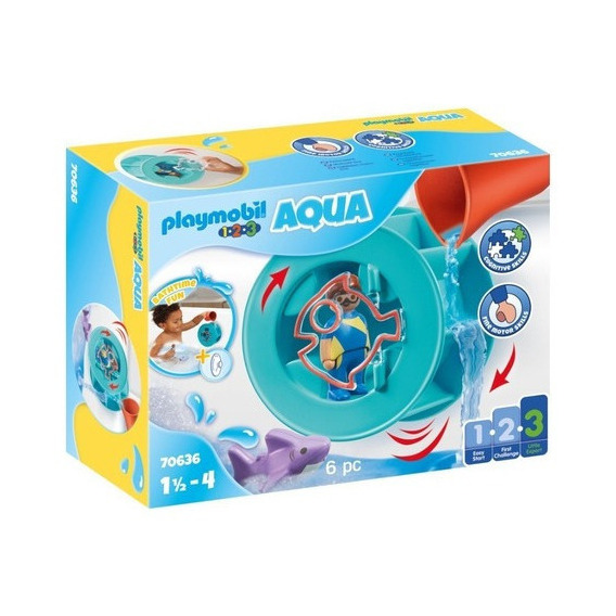 Juego Playmobil 1.2.3 Rueda De Agua Con Bebé Tiburón 6 Pzas