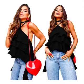 Regata Blusa Crepe Duna Babado 3 Marias Camada Tiras