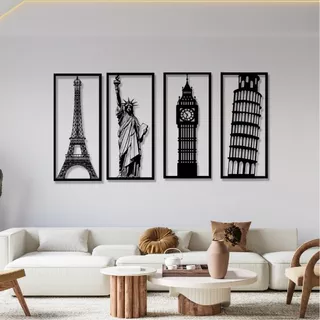 Cuadro Acero Monumento Eiffel Big Ben Libertad Pisa Set X4 