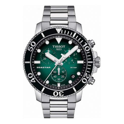 Reloj Tissot 1204171109101 Hombre Seastar 1000 Chronografo Color de la malla Plateado Color del bisel Negro Color del fondo Verde