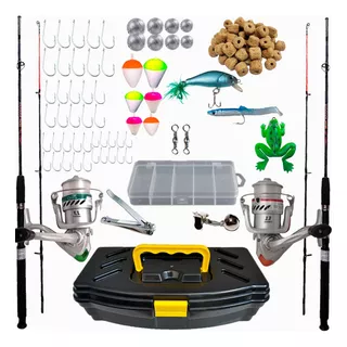 Kit Pesca 2 Vara 1,70 15kg 2 Molinete Maleta Iscas E Itens