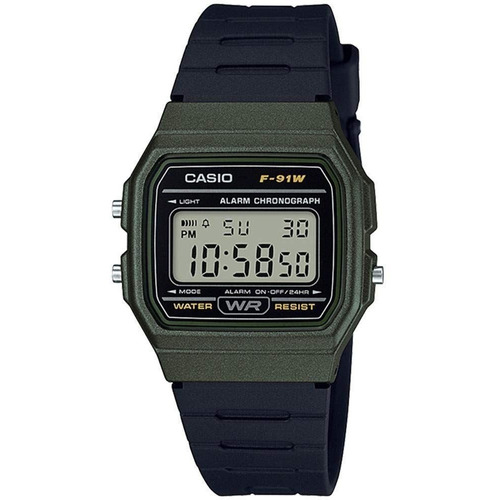 Reloj Casio F-91wm-3ac Digital Crono Alarma Luz Calendario Color de la malla Negro Color del bisel Verde oscuro Color del fondo Gris
