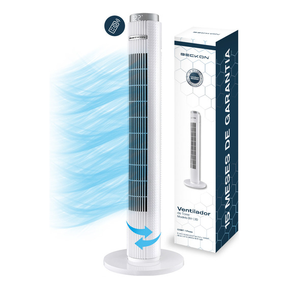 Ventilador De Torre Premium Corte Diamante Blanco Con Ionizador + Control Remoto Oscilación Temporizador Display Led 97cm De Alto Beckon