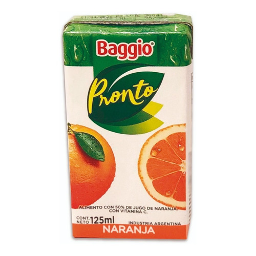 Jugos Baggio sabor naranja pack con 18 unidades de 125mL