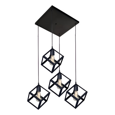 Colgante Jaula 4 Luces Cubo Base Cuadra Vintage 1007 Negro