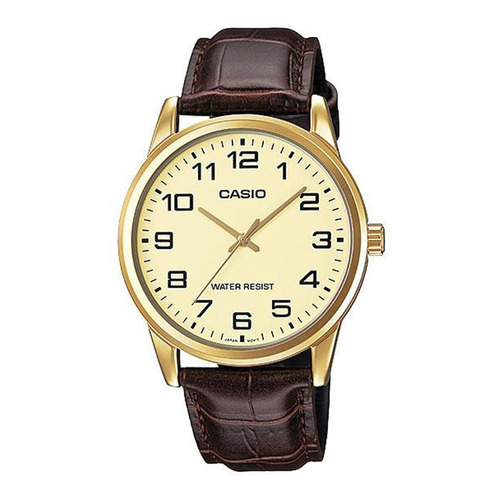 Reloj pulsera Casio MTP-V001GL-7BUDF con correa de cuero color marrón - fondo dorado