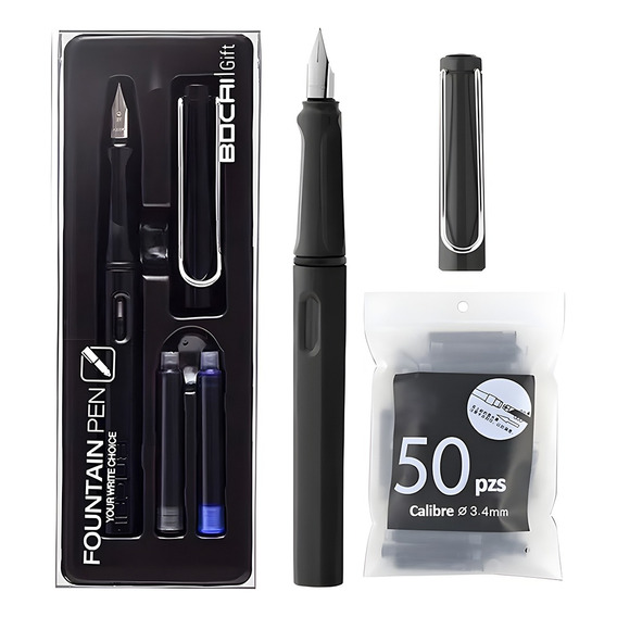 Pluma Estilográfica De Acero Inoxidable + 50 Tintas