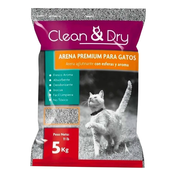 Arena para gato Premium Clean & Dry con esferas y aroma de 5kg por 3 unidades