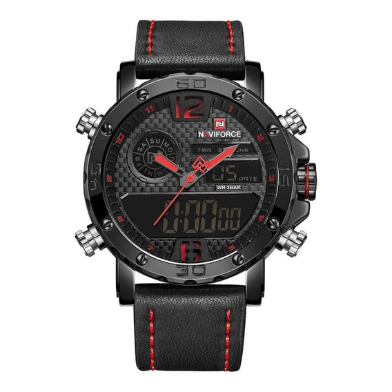 Reloj pulsera Naviforce NF9134 de cuerpo color negro, analógico-digital, para hombre, fondo negro, con correa de cuero color negro, agujas color gris y rojo, dial negro y rojo, minutero/segundero negr