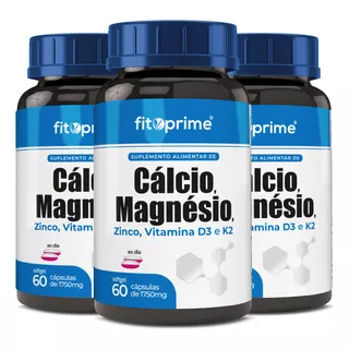 3 Potes Cálcio Magnésio Zinco Vitaminas D3 K2 Com 60cps