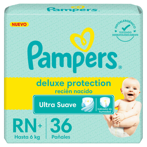 Pañales Pampers Deluxe Protection Recién Nacido. Talle RN+, 36 Unidades.