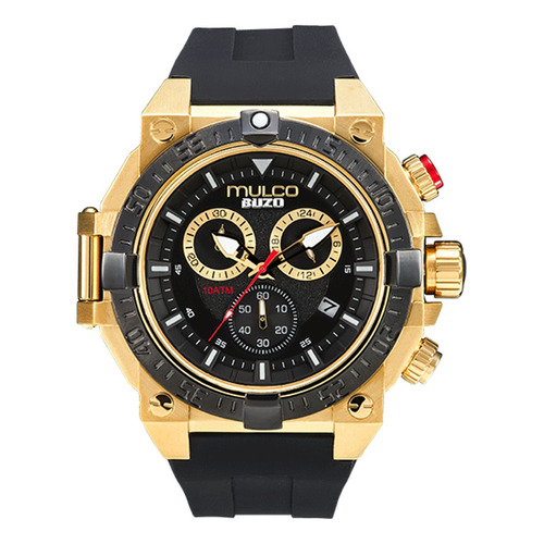 Reloj Deportivo Mulco Mw-3-20006-722 Buzo Correa Negro Bisel Dorado Fondo Negro