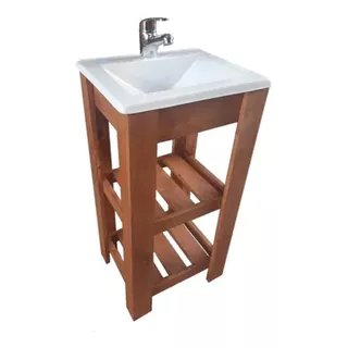 Mueble Para Baño Df Hogar Campo Pie + Bacha + Grifería De 40cm De Ancho, 80cm De Alto Y 33cm De Profundidad, Con Bacha Color Blanco Y Mueble Cedro Con Un Agujero Para Grifería