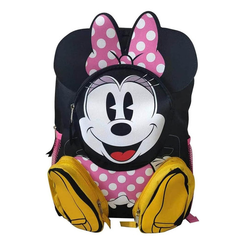 Stitch Minnie Mouse Mochila Backpack Fast Forward Con 3 Bolsas Color Negro Diseño De La Tela Liso