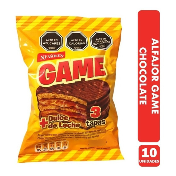 Alfajor Game, Bañado Chocolate Negro - Pack De 10 Unidades.