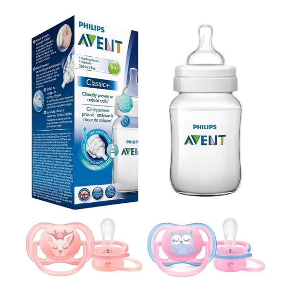 Set Mamadera Anticolic 260ml + 2 Chupetes Avent Ultra Air