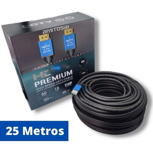 Cable Hdmi 25 Metros V2.0 Real 4k 60hz 3d Dorado Ethernet Premium Compatible Con Arc Y Hdr  MTS-HDMI4K2500 Amitosai