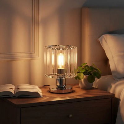 Lampara Velador Prisma R Cristal Cromo Apto Led E27 Cromo Cristal