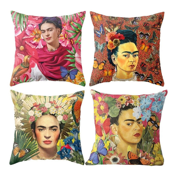 Set 4 Fundas Frida Kahlo Cojínes Artesanal Mexicano En Lino