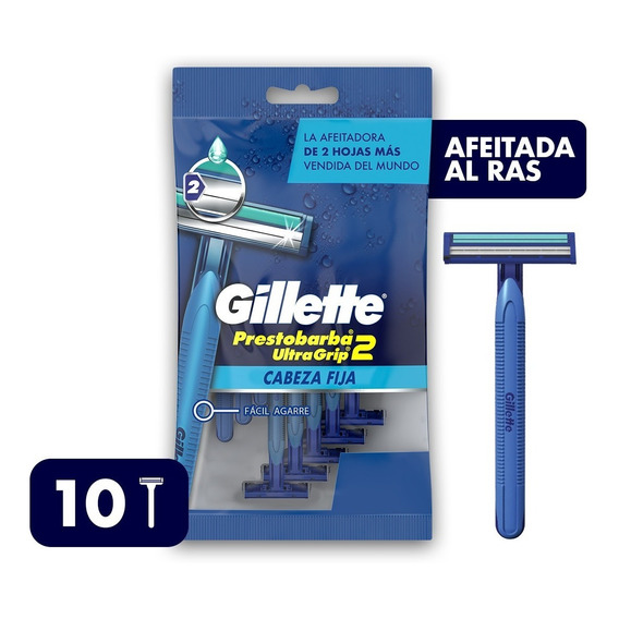 Máquina De Afeitar Gillette Prestobarba Ultragrip2, Desechable De 2 Hojas Y Banda Lubricante, 10 Unidades