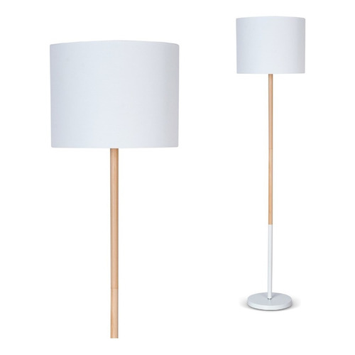 Lampara De Pie Deco Nórdico Tokio C/ Pantalla Madera E27 Led Pantalla Blanco