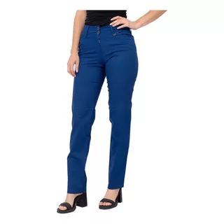 Pantalon Gabardina Azul Mujer Recto Clásico Tiro Alto 