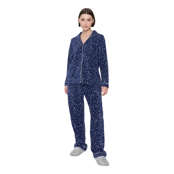 Pijama Mujer Camisero Polar Azul Corona