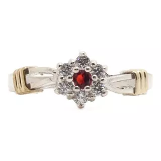 Anillo De Plata Y Oro Piedra Roja Y Piedras Blancas Estuche