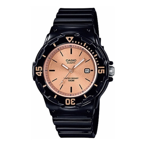 Reloj pulsera Casio Youth LRW-200 de cuerpo color negro, analógico, para mujer, fondo oro rosa, con correa de resina color negro, agujas color oro rosa y blanco, dial negro, minutero/segundero gris, bisel color negro y hebilla simple