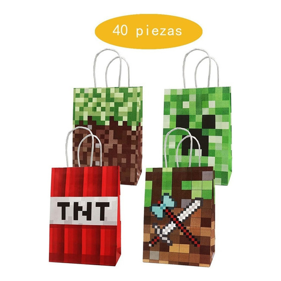 40 Bolsa Papel Kraft Con Asa Minecraft Fiesta Decoracion