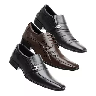 Kit 3 Pares Sapatos Masculino Em Couro 100% Legítimo Ath 