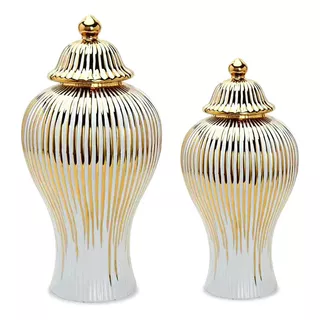 Jogo 2 Vasos Decorativos Branco E Dourado Luxo 42x20 30x16