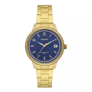 Relógio Orient Dourado Azul Strass 36mm Aço Inox