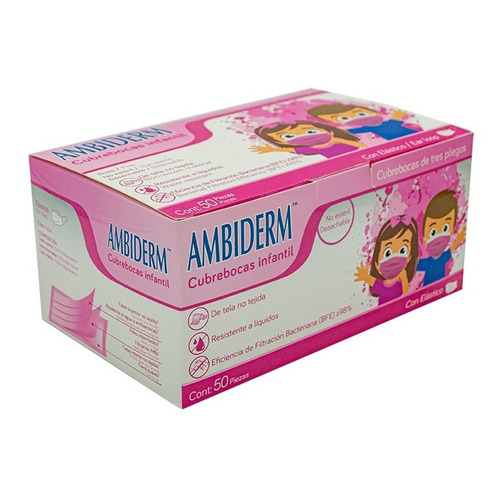 Ambiderm Cubrebocas Tricapa Plisado Caja C/50pzs Para Niños Color Rosa